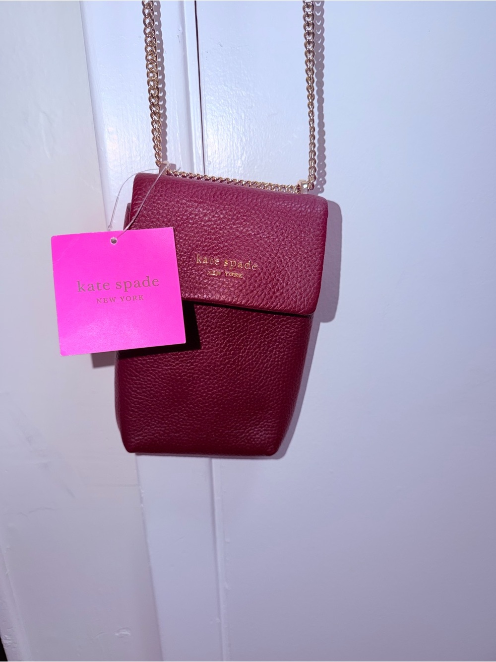 kate spade Wine Pebbled Leather Crossbody Phone Pouch with Gold Chain